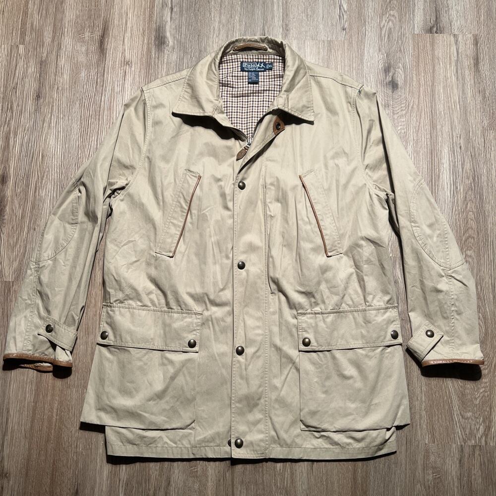 Vintage Polo Ralph Lauren Jacket Mens XL Field Utility Hunting Leather Trim